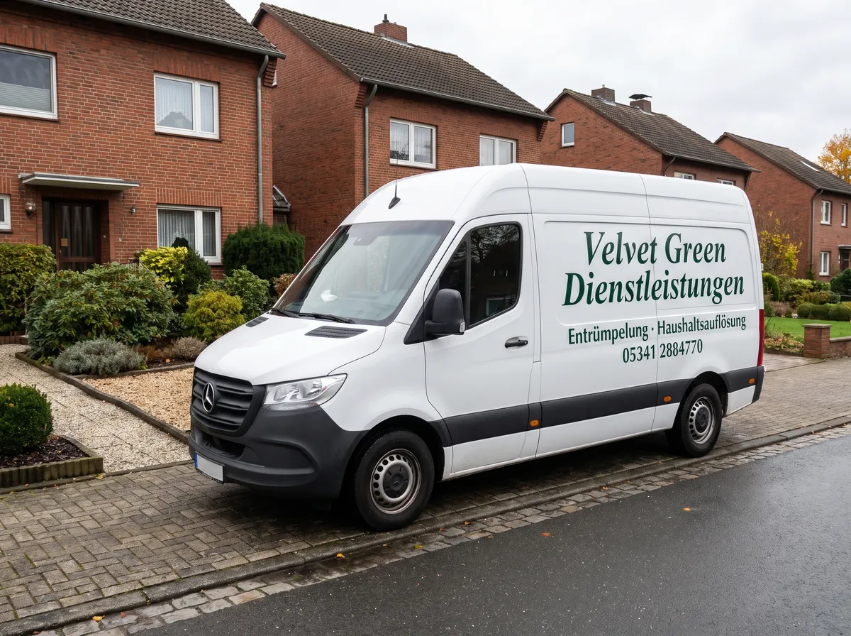 Beispielhafte Darstellung eines beschrifteten Transporters von Velvet Green Dienstleistungen vor einem Wohnhaus (KI-generierte Visualisierung)